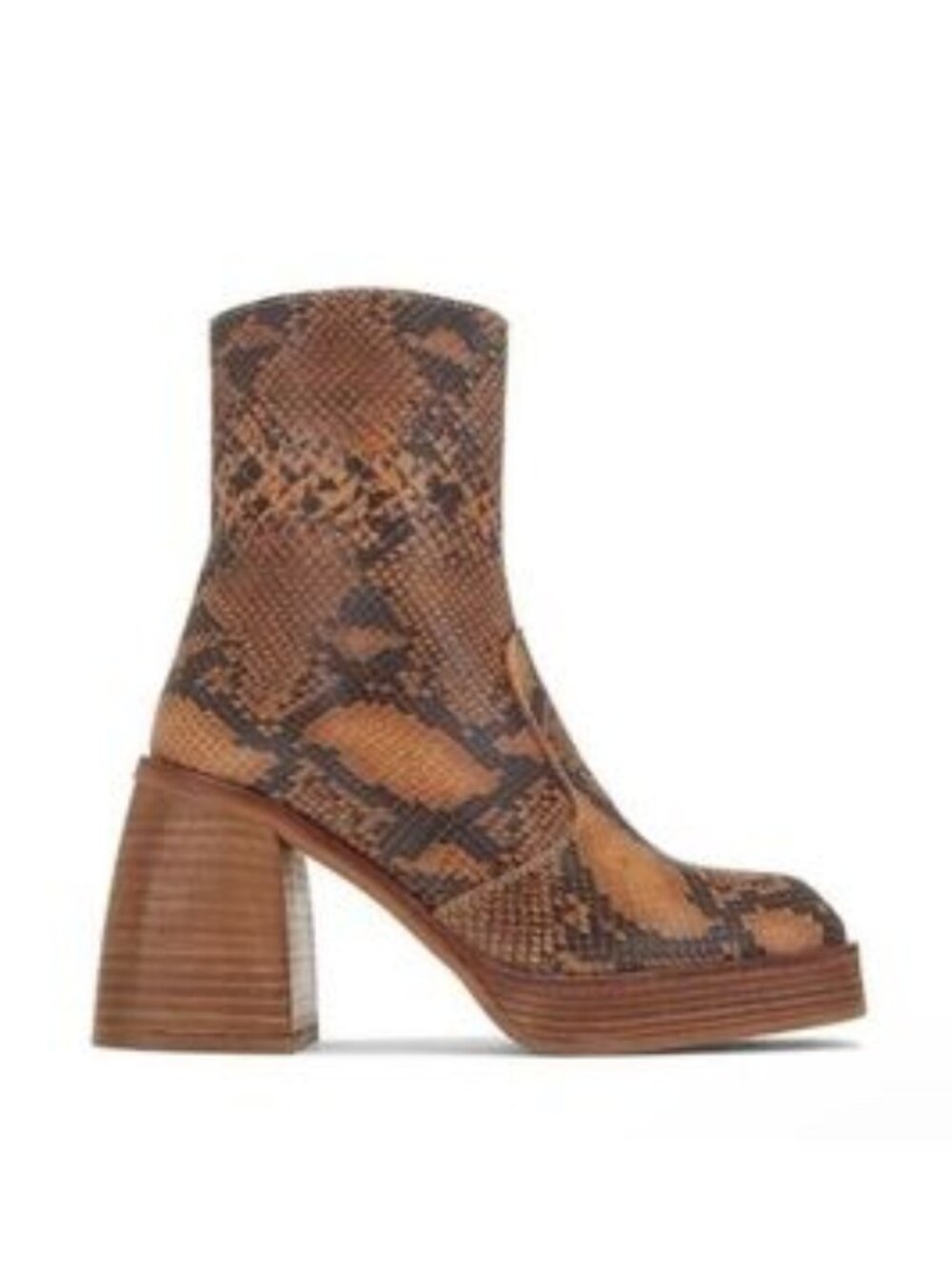 Free People Ruby Chunky Block Heel Brown Snake Leather Mid Boots size 37.5/US 7